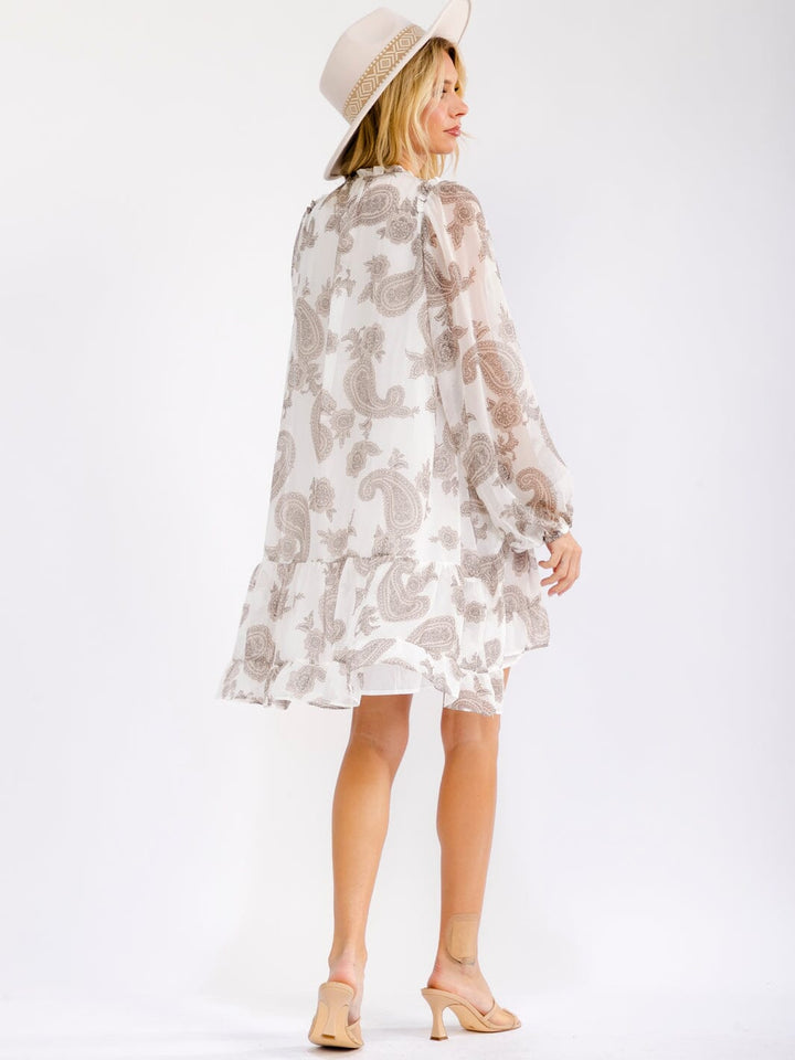 WOMEN'S LONG SLEEVE BUTTON UP PAISLEY PRINT HIGH-LOW MINI DRESS