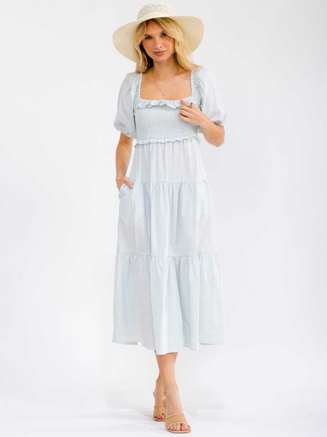 WOMEN'S SHORT SLEEVE SQUARE NECK FRONT POCKETS TIERED SMOCK MAXI DRESS