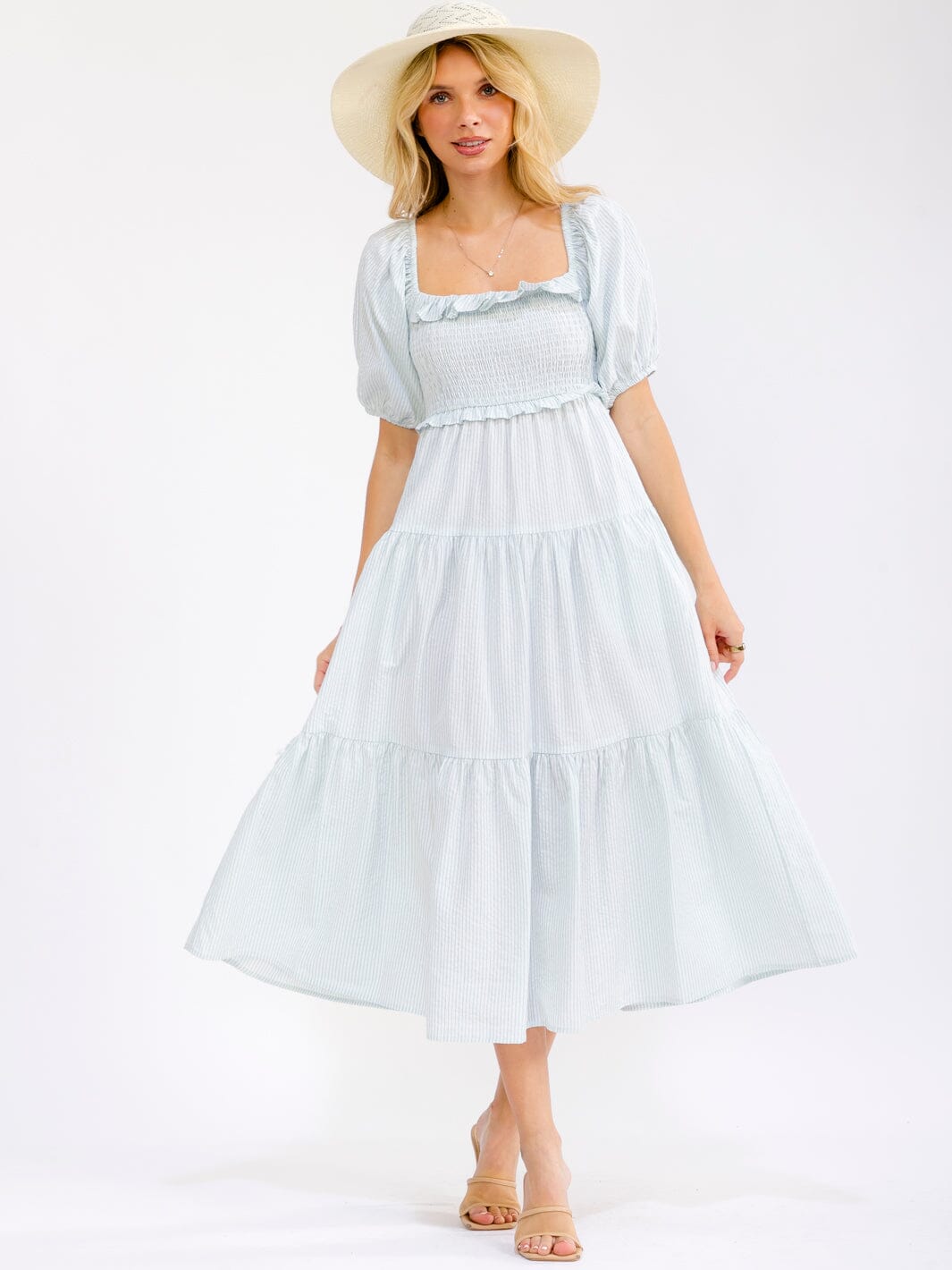 WOMEN'S SHORT SLEEVE SQUARE NECK FRONT POCKETS TIERED SMOCK MAXI DRESS