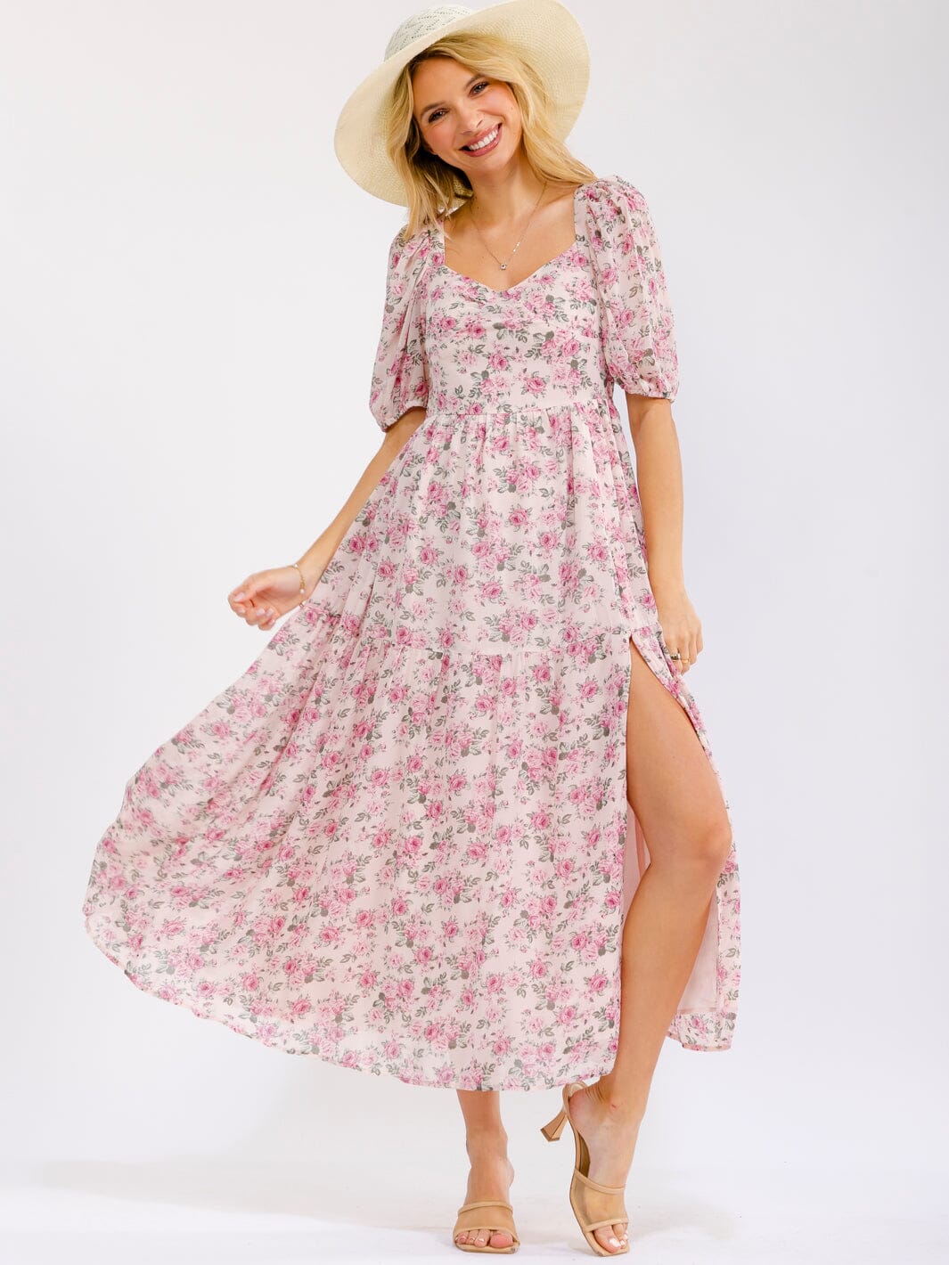 WOMEN'S SHORT SLEEVE V-NECK FRONT SLIT FLORAL PRINT SMOCK MAXI DRESS