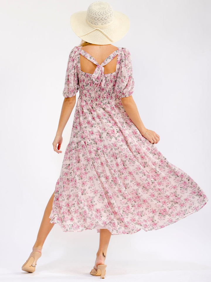 WOMEN'S SHORT SLEEVE V-NECK FRONT SLIT FLORAL PRINT SMOCK MAXI DRESS