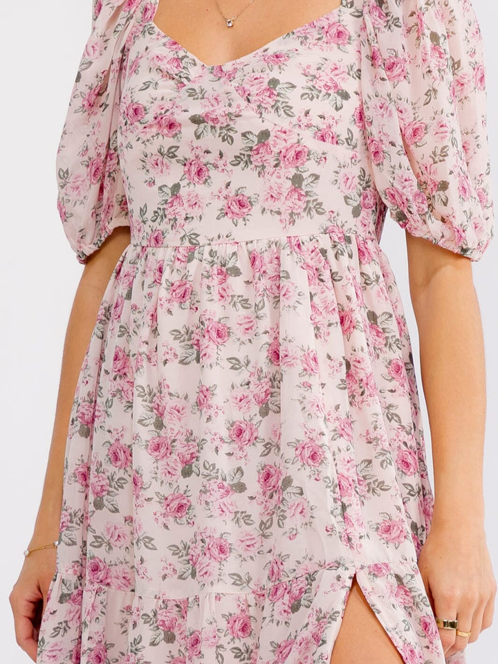 WOMEN'S SHORT SLEEVE V-NECK FRONT SLIT FLORAL PRINT SMOCK MAXI DRESS