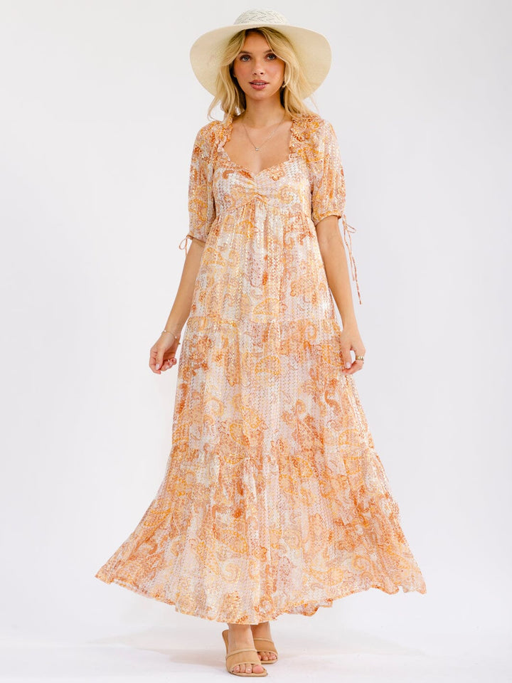 WOMEN'S SHORT SLEEVE V-NECK SHIMMER TIERED MULTI PRINT SMOCK MAXI DRESS