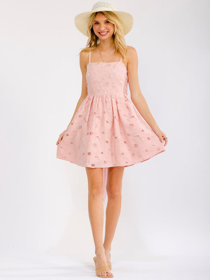 WOMEN'S SLEEVELESS SMOCK FRONT POCKETS FLOWER DETAILED FIT & FLARE MINI DRESS