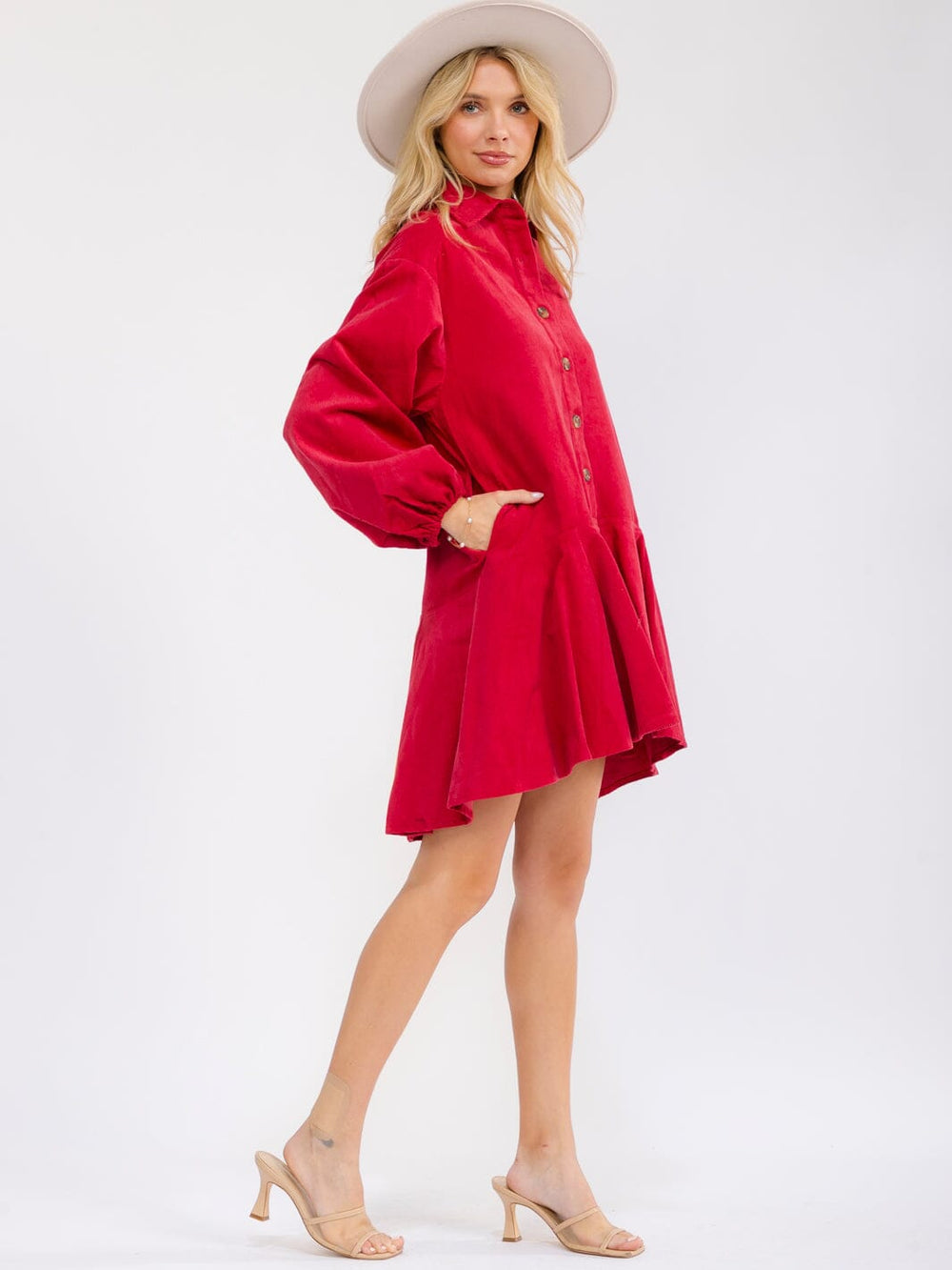 WOMEN'S LONG SLEEVE BUTTON UP FRONT POCKETS HIGH-LOW CORDUROY MINI DRESS