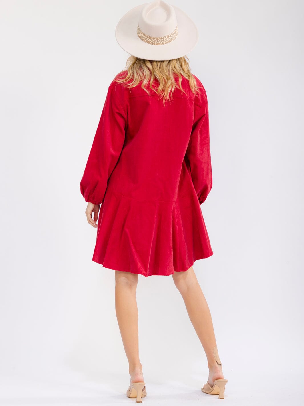 WOMEN'S LONG SLEEVE BUTTON UP FRONT POCKETS HIGH-LOW CORDUROY MINI DRESS