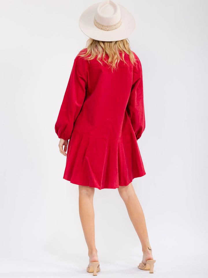 WOMEN'S LONG SLEEVE BUTTON UP FRONT POCKETS HIGH-LOW CORDUROY MINI DRESS
