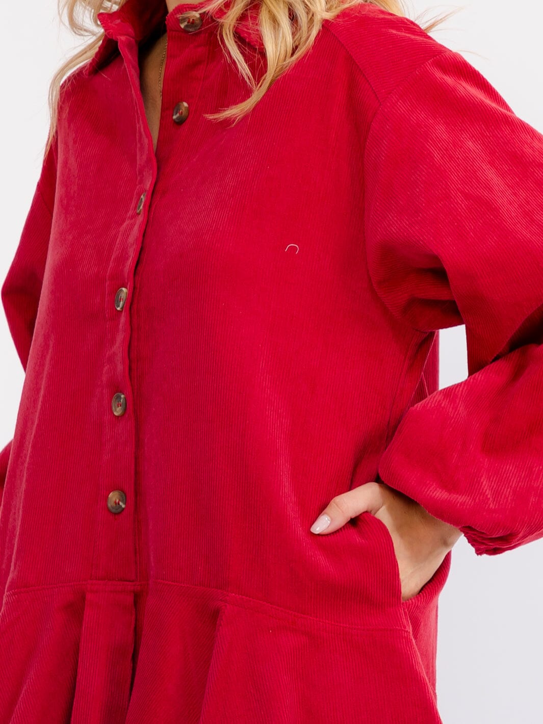 WOMEN'S LONG SLEEVE BUTTON UP FRONT POCKETS HIGH-LOW CORDUROY MINI DRESS