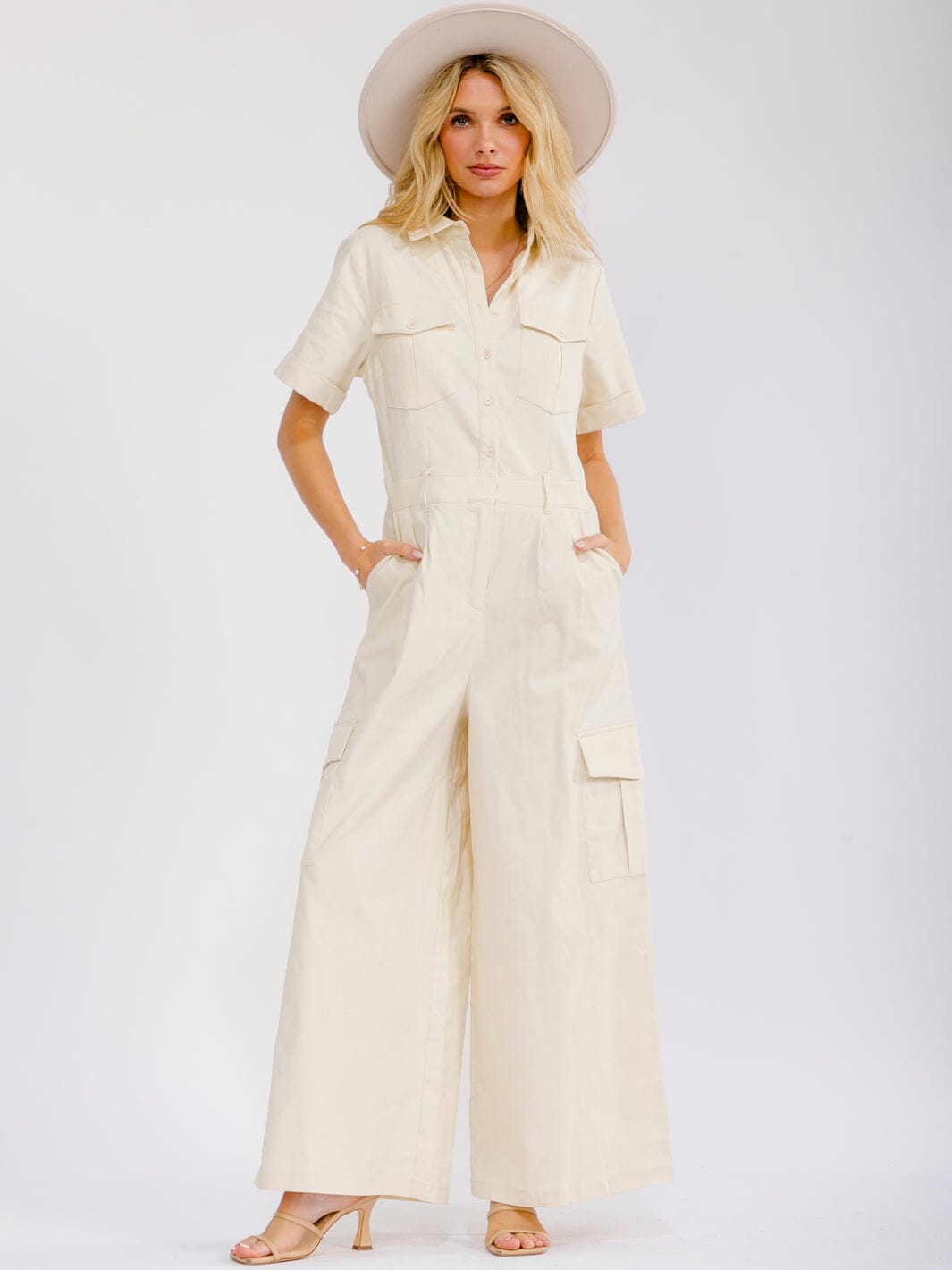WOMEN'S SHORT SLEEVE BUTTON UP POCKETS WIDE LEG STRETCH DENIM JUMPSUIT