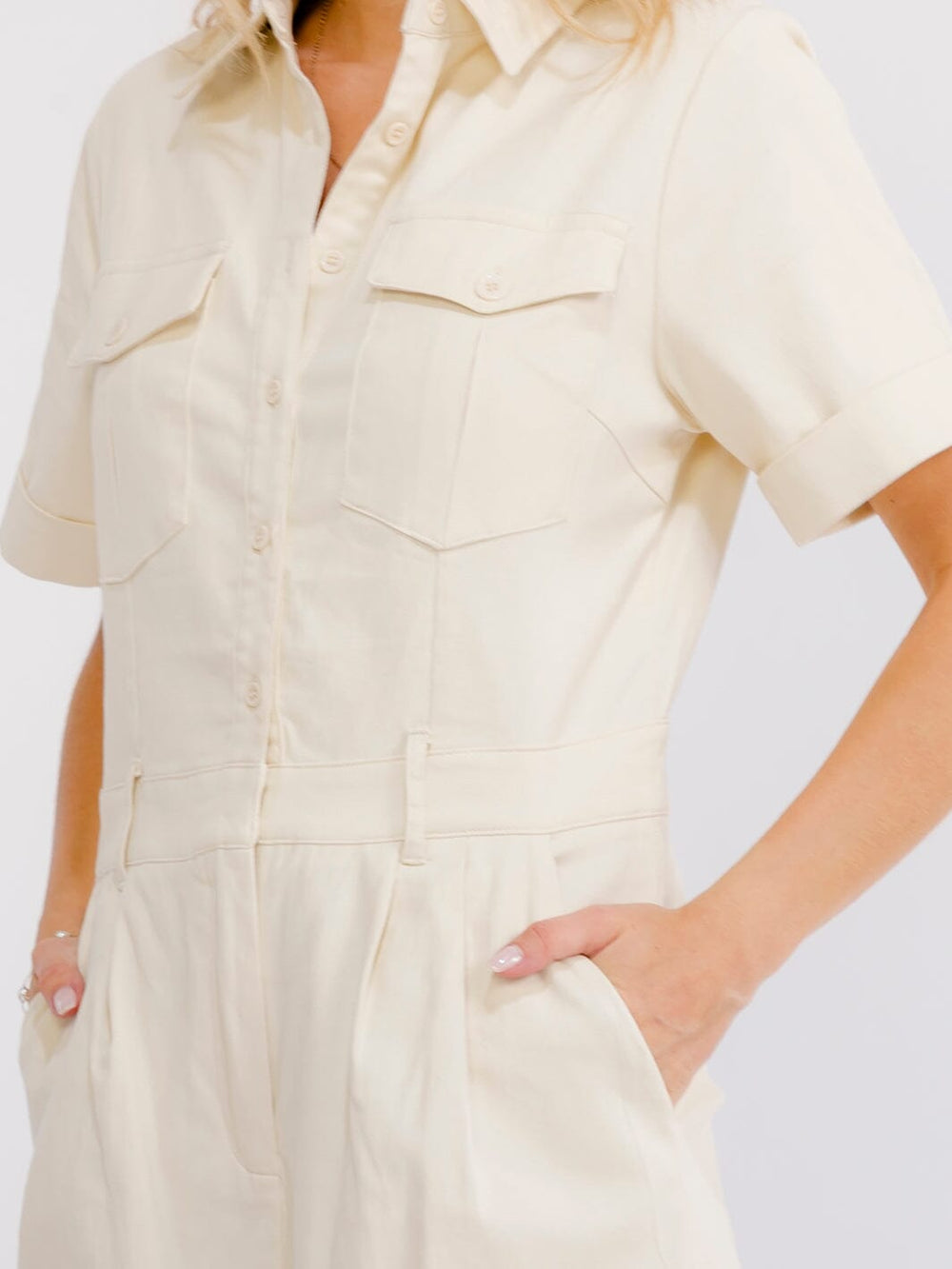 WOMEN'S SHORT SLEEVE BUTTON UP POCKETS WIDE LEG STRETCH DENIM JUMPSUIT
