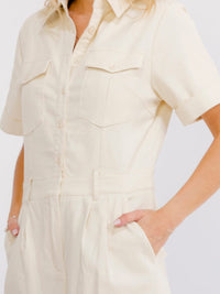 WOMEN'S SHORT SLEEVE BUTTON UP POCKETS WIDE LEG STRETCH DENIM JUMPSUIT
