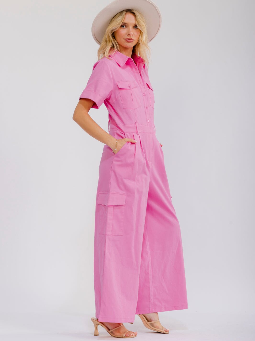WOMEN'S SHORT SLEEVE BUTTON UP POCKETS WIDE LEG STRETCH DENIM JUMPSUIT