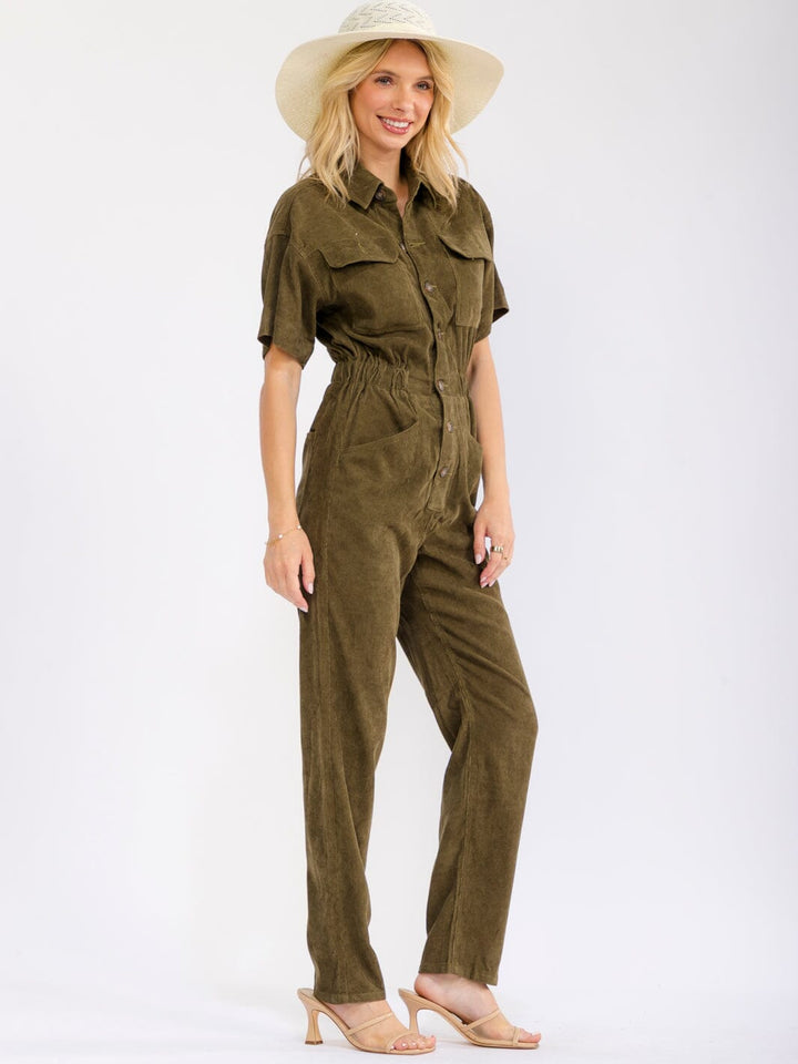 WOMEN'S SHORT SLEEVE FRONT POCKETS ELASTIC WAIST CORDUROY JUMPSUIT