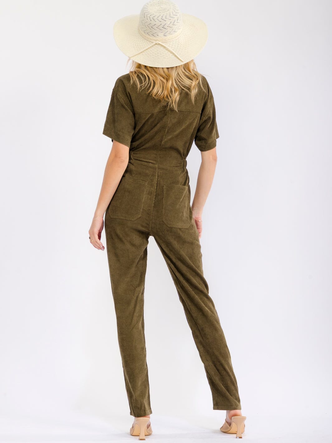 WOMEN'S SHORT SLEEVE FRONT POCKETS ELASTIC WAIST CORDUROY JUMPSUIT