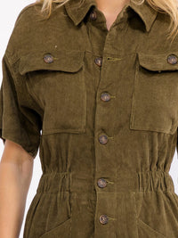 WOMEN'S SHORT SLEEVE FRONT POCKETS ELASTIC WAIST CORDUROY JUMPSUIT