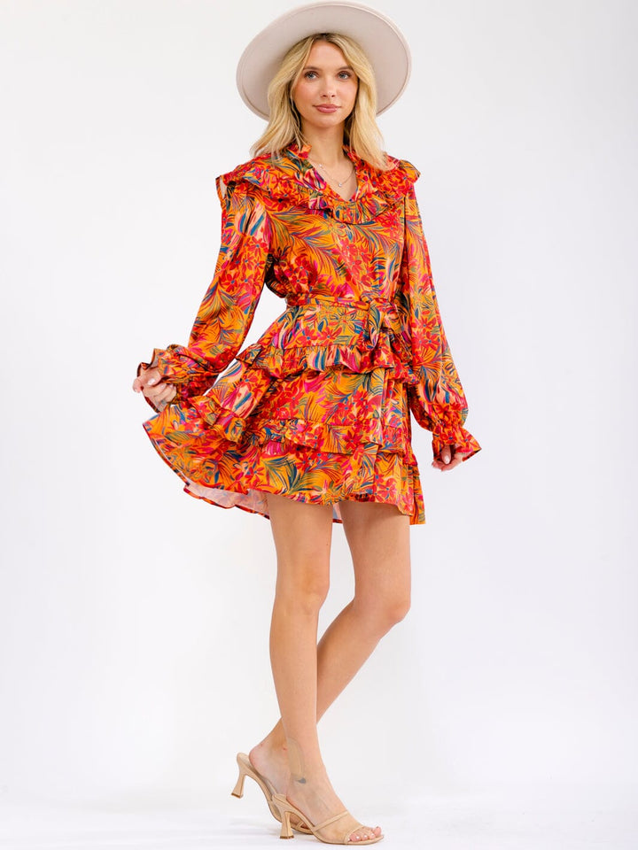 WOMEN'S LONG SLEEVE V-NECK RUFFLE TIERED SELF TIE FLORAL MINI DRESS