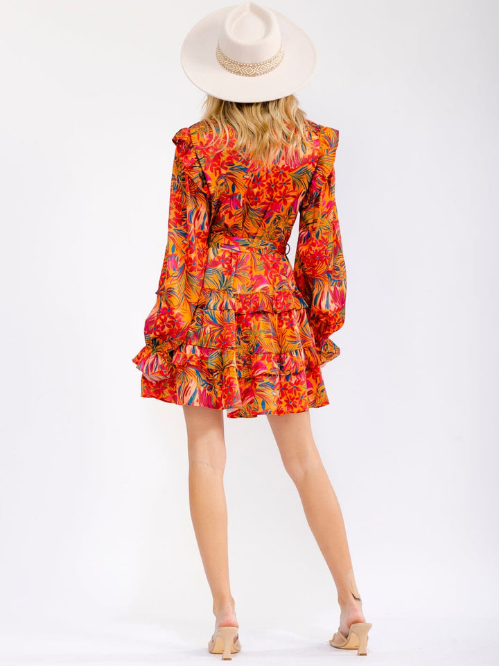WOMEN'S LONG SLEEVE V-NECK RUFFLE TIERED SELF TIE FLORAL MINI DRESS