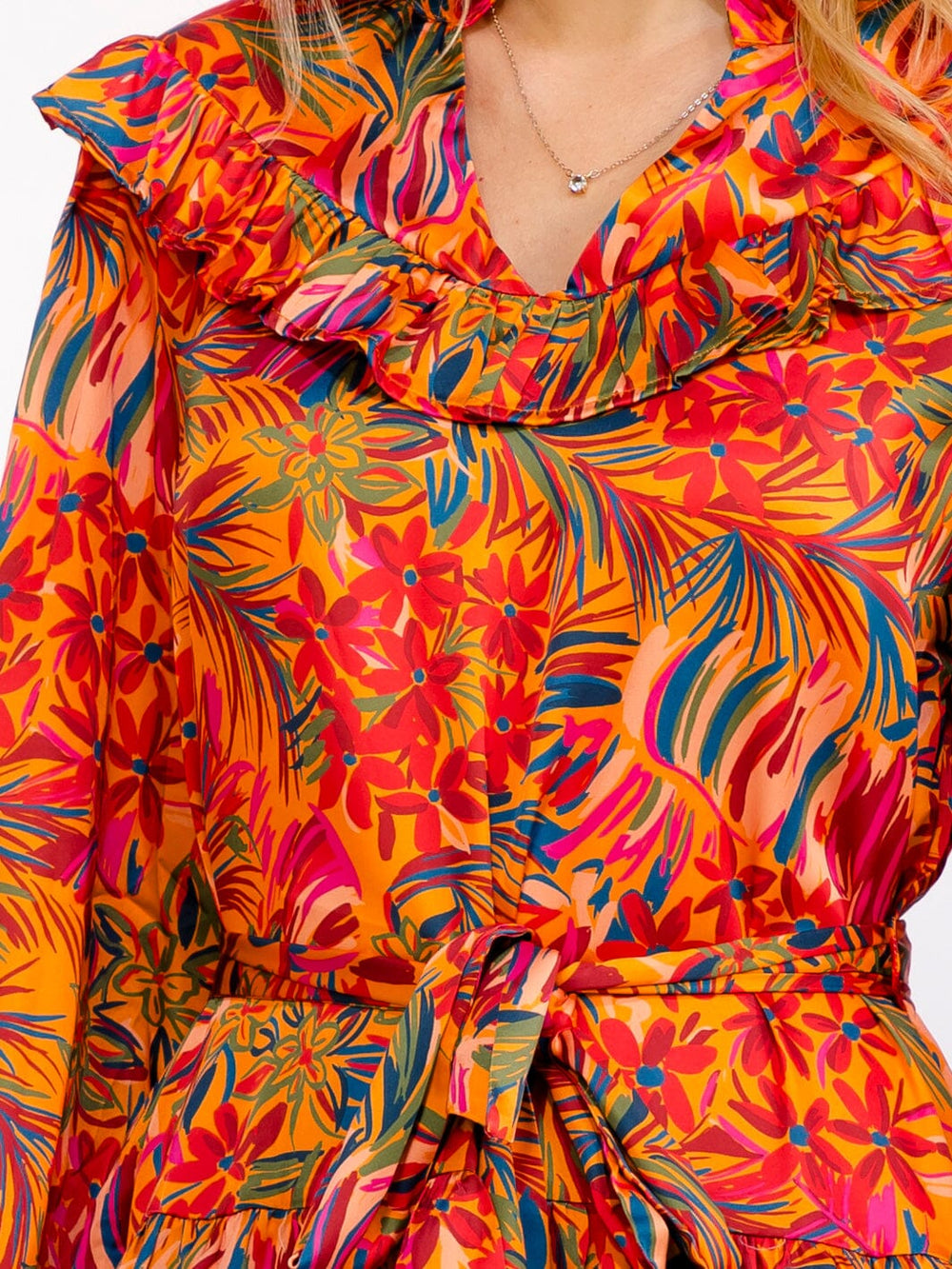 WOMEN'S LONG SLEEVE V-NECK RUFFLE TIERED SELF TIE FLORAL MINI DRESS