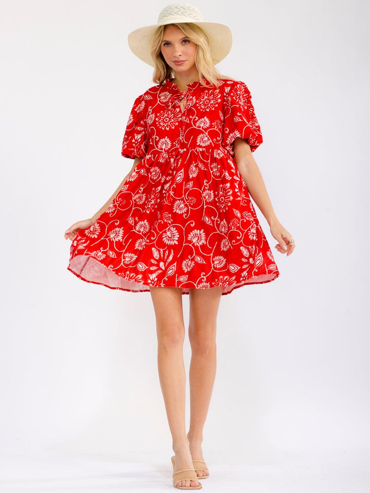 WOMEN'S SHORT PUFF SLEEVE V-NECK FRONT POCKETS FLORAL TUNIC MINI DRESS