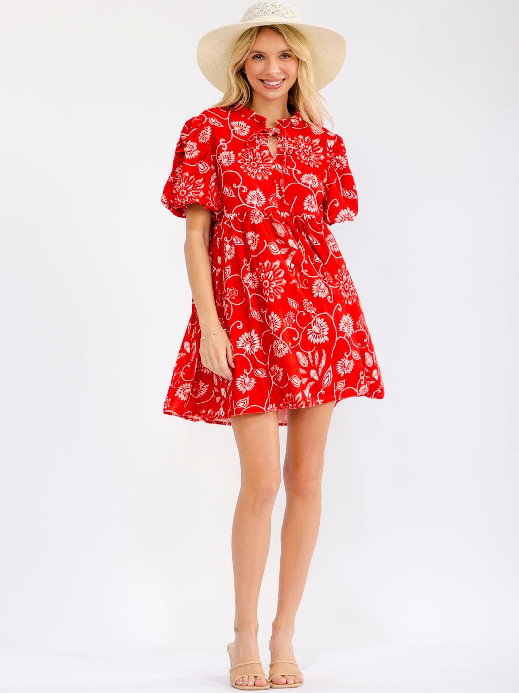 WOMEN'S SHORT PUFF SLEEVE V-NECK FRONT POCKETS FLORAL TUNIC MINI DRESS