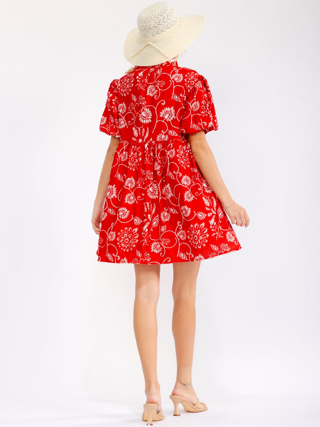 WOMEN'S SHORT PUFF SLEEVE V-NECK FRONT POCKETS FLORAL TUNIC MINI DRESS