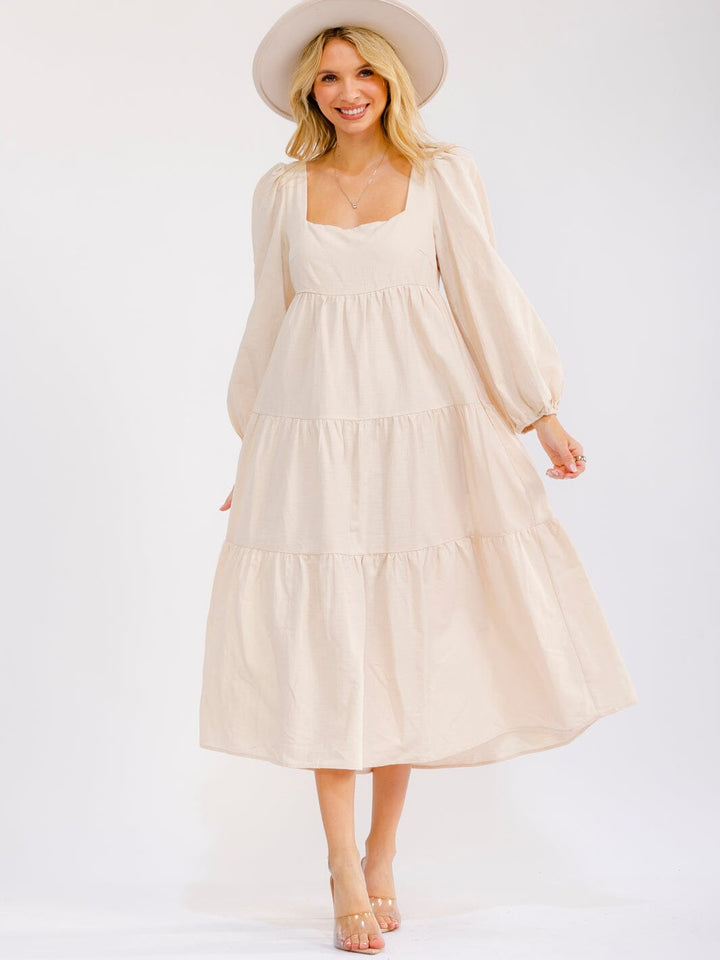 WOMEN'S LONG SLEEVE SQUARE NECK FRONT POCKETS TIERED MAXI DRESS