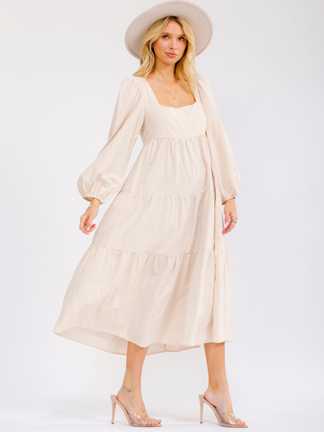WOMEN'S LONG SLEEVE SQUARE NECK FRONT POCKETS TIERED MAXI DRESS