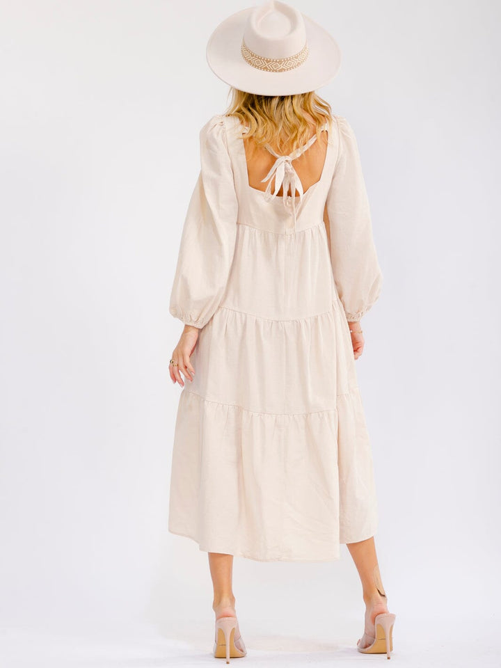 WOMEN'S LONG SLEEVE SQUARE NECK FRONT POCKETS TIERED MAXI DRESS