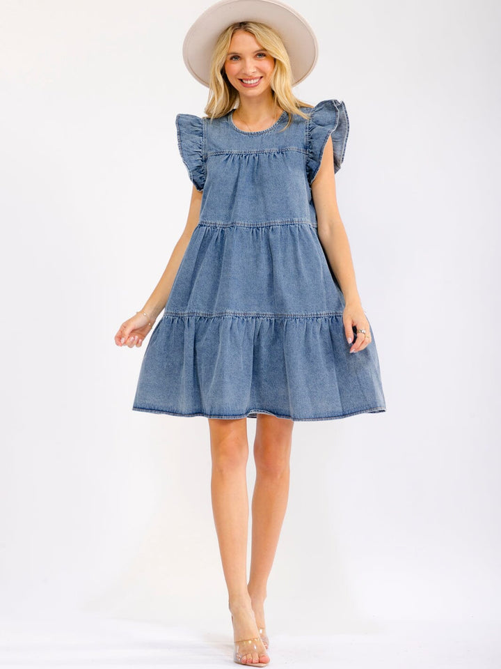 WOMEN'S RUFFLE SLEEVE FRONT POCKETS LOOSE FIT TIERED DENIM MINI DRESS