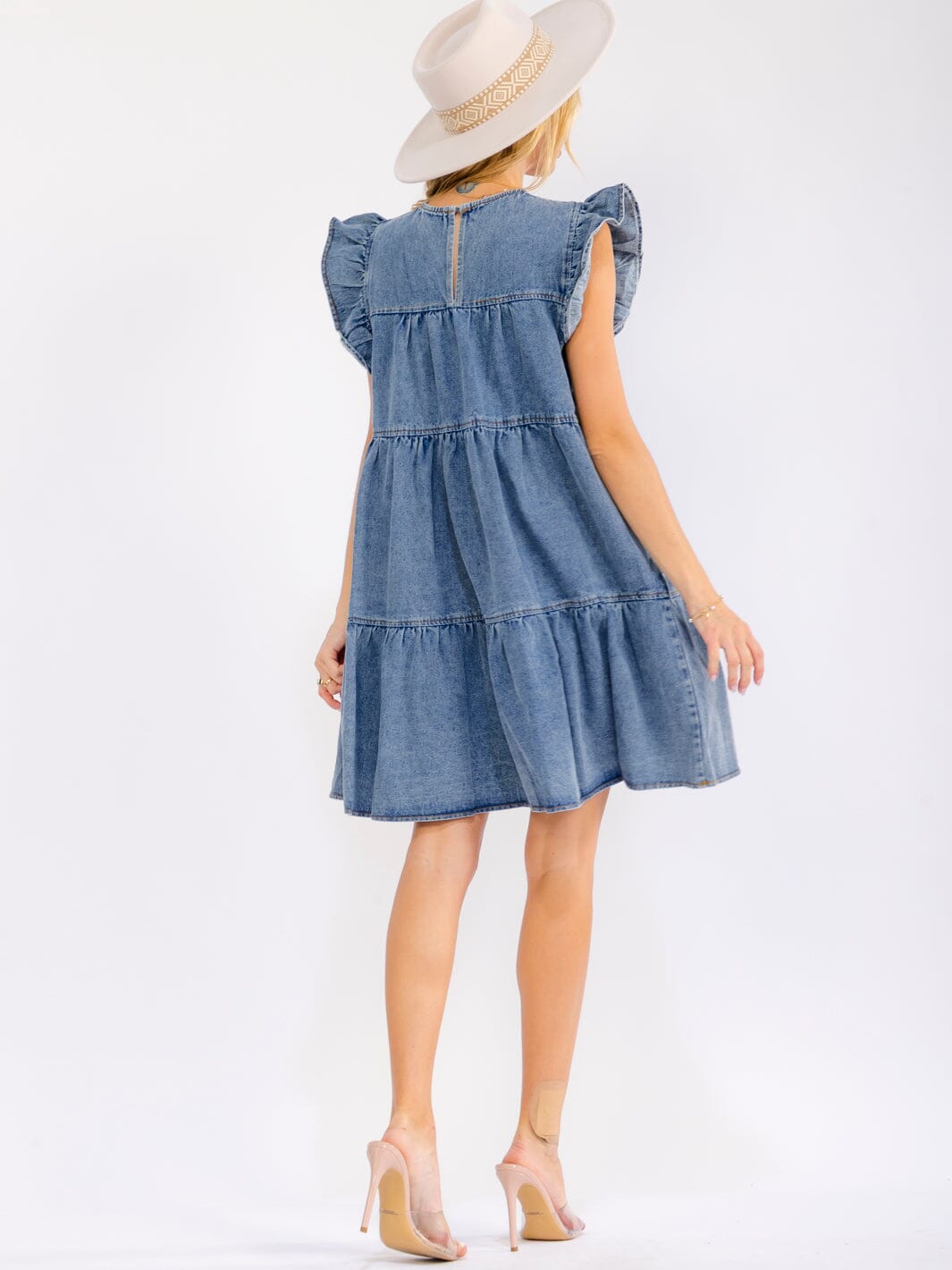 WOMEN'S RUFFLE SLEEVE FRONT POCKETS LOOSE FIT TIERED DENIM MINI DRESS