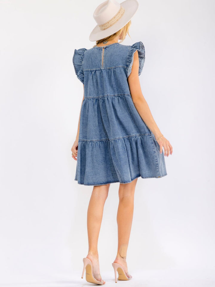 WOMEN'S RUFFLE SLEEVE FRONT POCKETS LOOSE FIT TIERED DENIM MINI DRESS