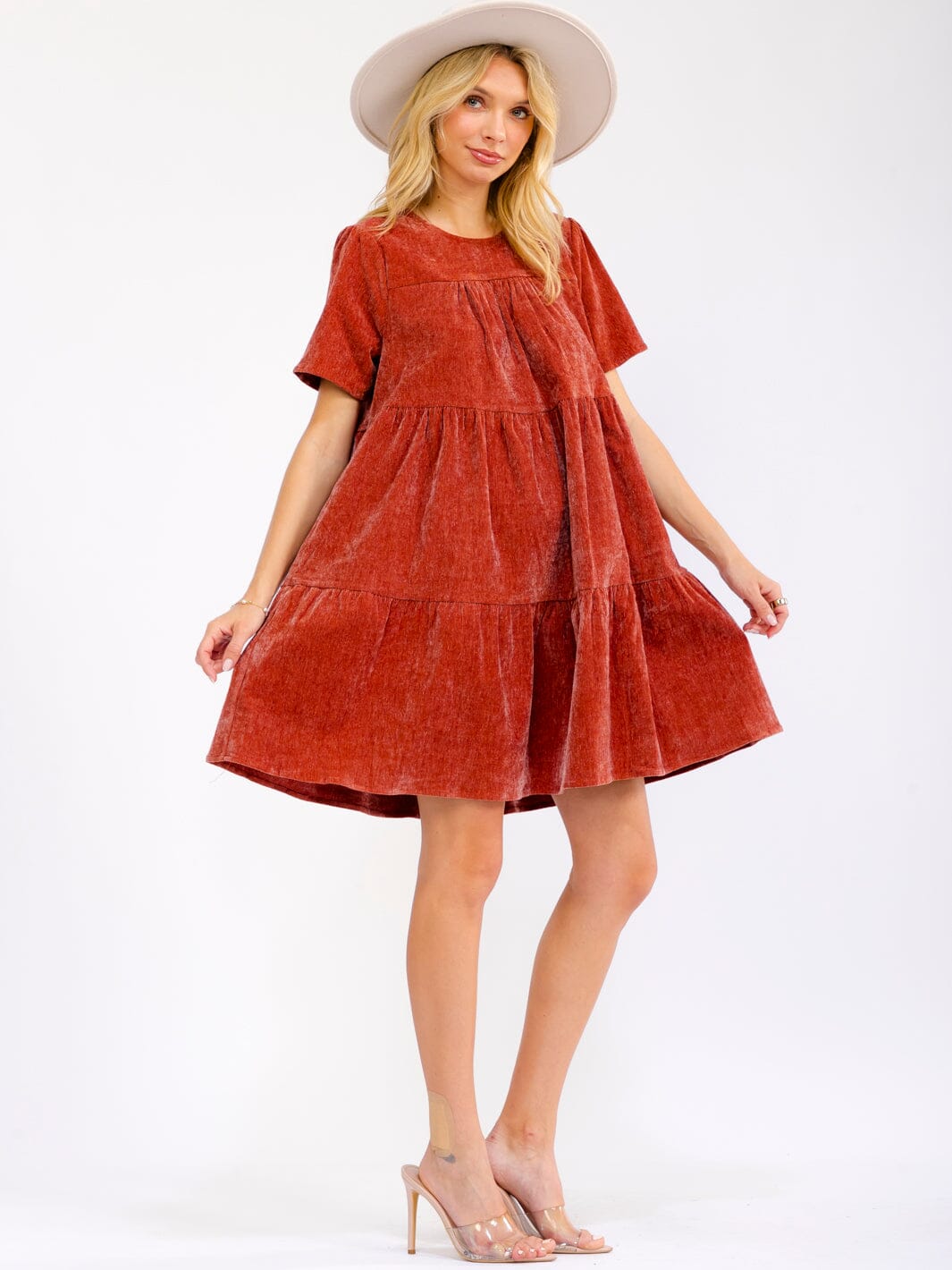 WOMEN'S SHORT SLEEVE FRONT POCKETS TIERED TUNIC CORDUROY MINI DRESS