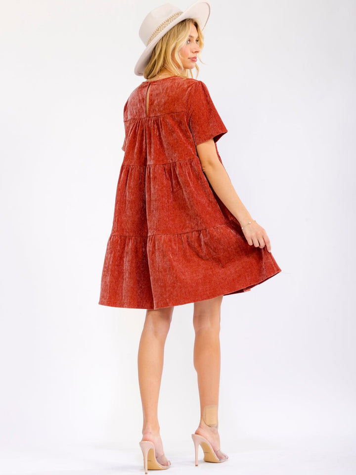 WOMEN'S SHORT SLEEVE FRONT POCKETS TIERED TUNIC CORDUROY MINI DRESS