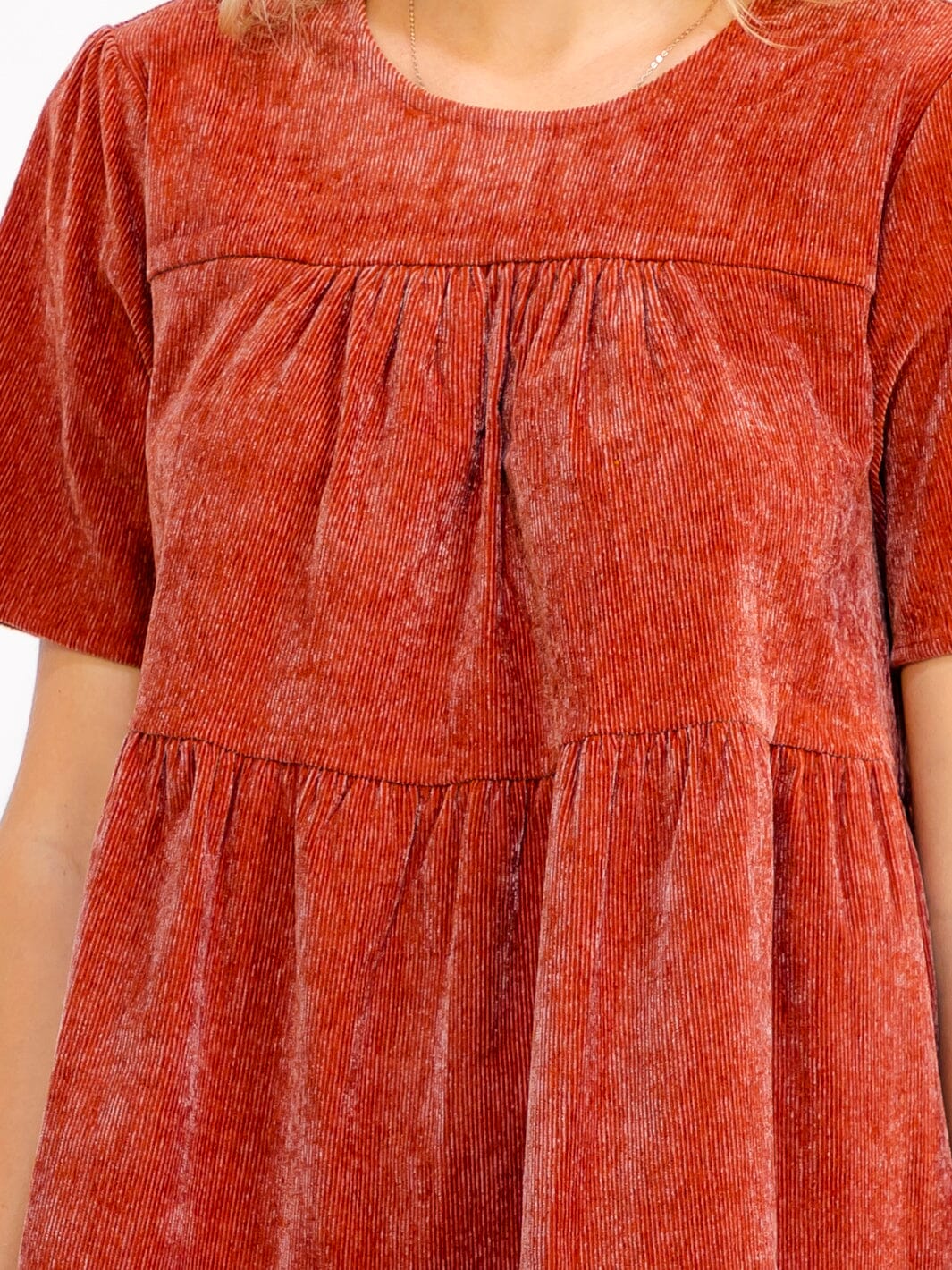 WOMEN'S SHORT SLEEVE FRONT POCKETS TIERED TUNIC CORDUROY MINI DRESS