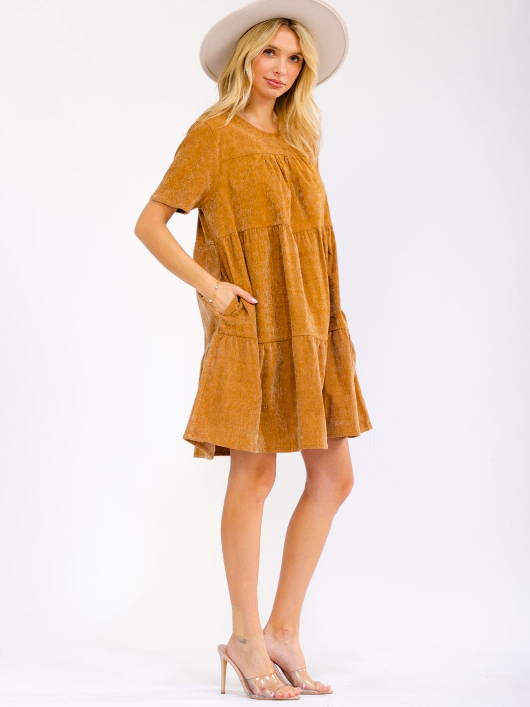 WOMEN'S SHORT SLEEVE FRONT POCKETS TIERED TUNIC CORDUROY MINI DRESS