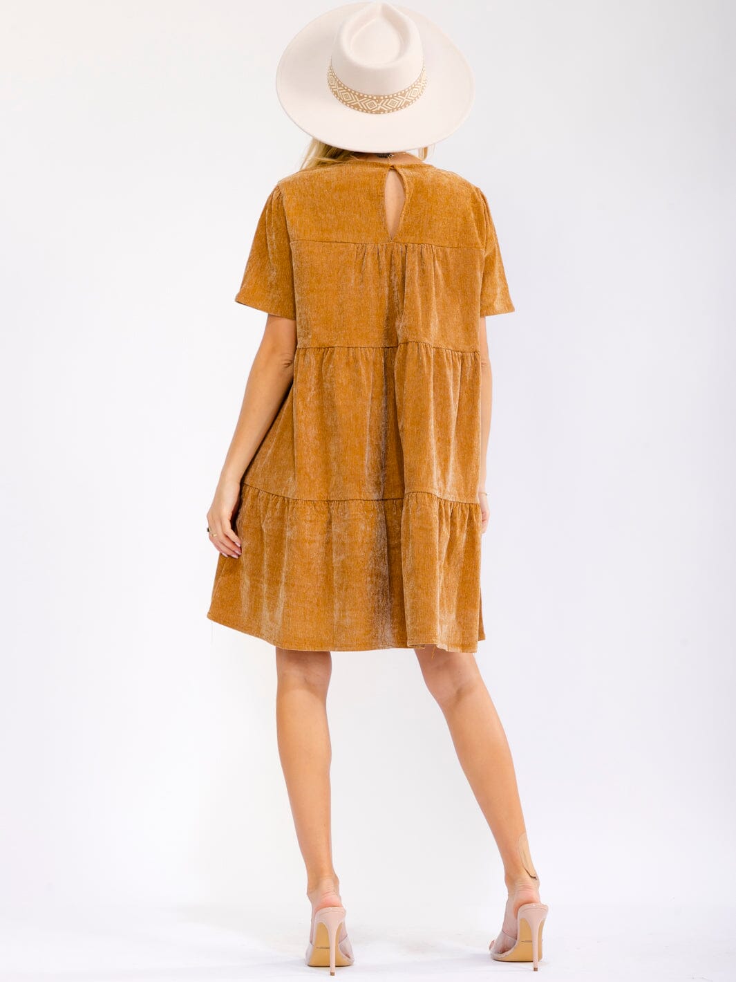 WOMEN'S SHORT SLEEVE FRONT POCKETS TIERED TUNIC CORDUROY MINI DRESS