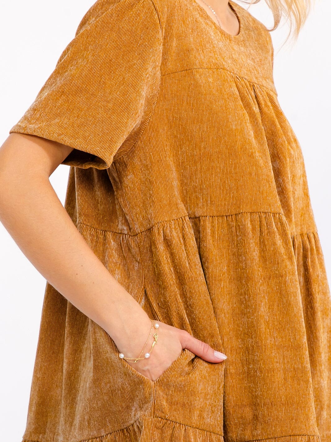 WOMEN'S SHORT SLEEVE FRONT POCKETS TIERED TUNIC CORDUROY MINI DRESS