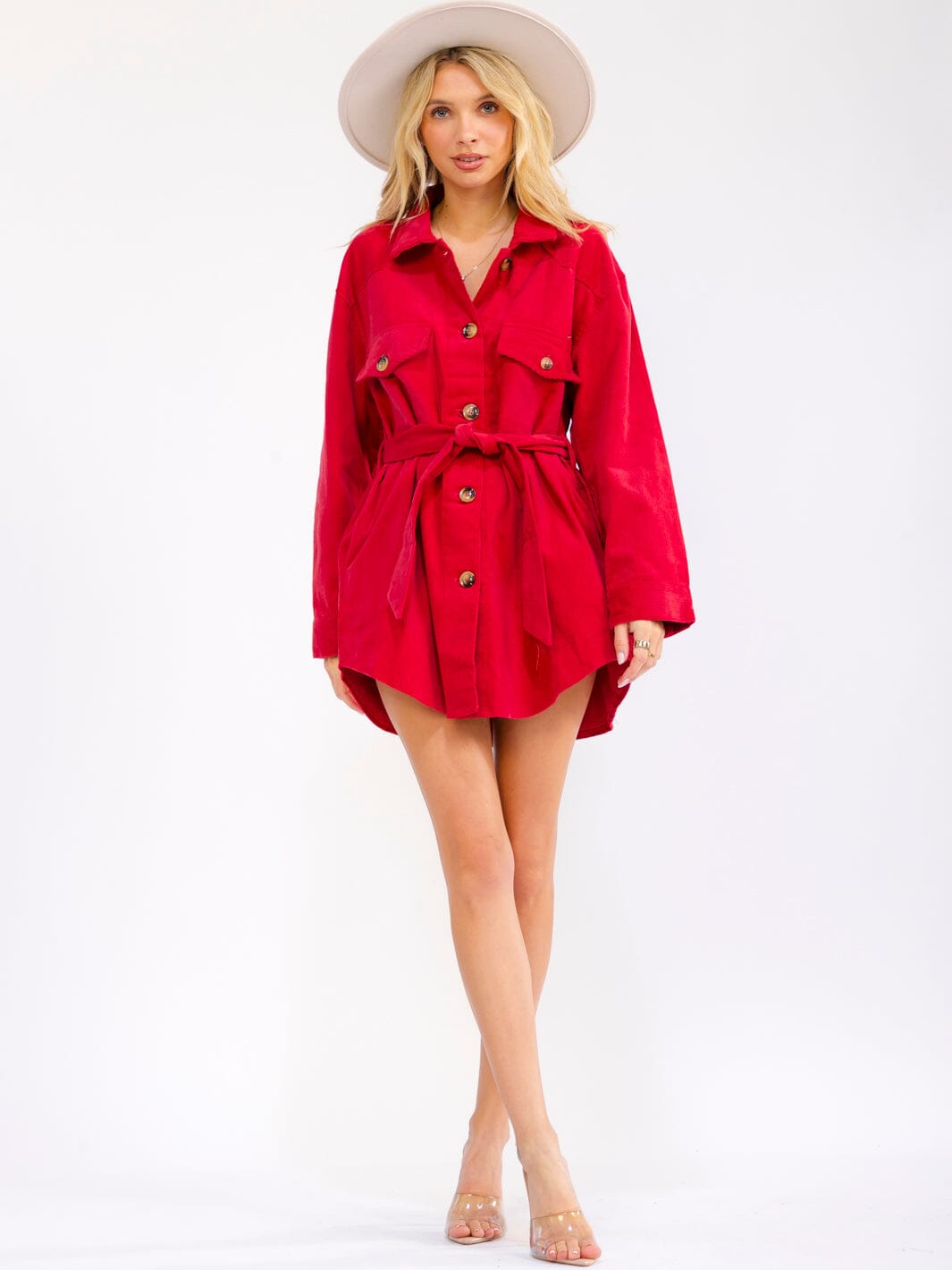 WOMEN'S LONG SLEEVE BUTTON UP SELF TIE FRONT POCKETS CORDUROY MINI DRESS