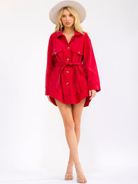 WOMEN'S LONG SLEEVE BUTTON UP SELF TIE FRONT POCKETS CORDUROY MINI DRESS