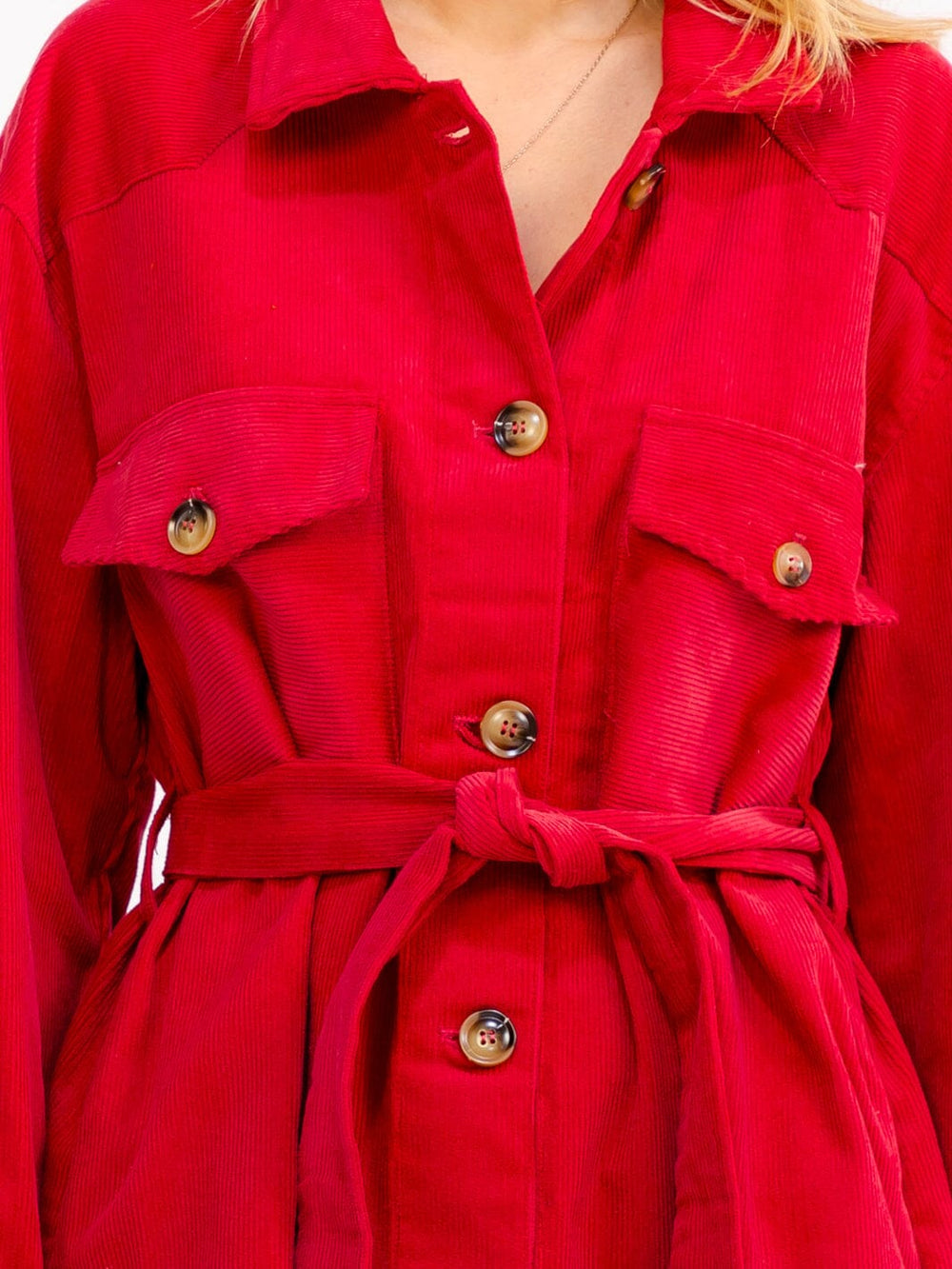 WOMEN'S LONG SLEEVE BUTTON UP SELF TIE FRONT POCKETS CORDUROY MINI DRESS