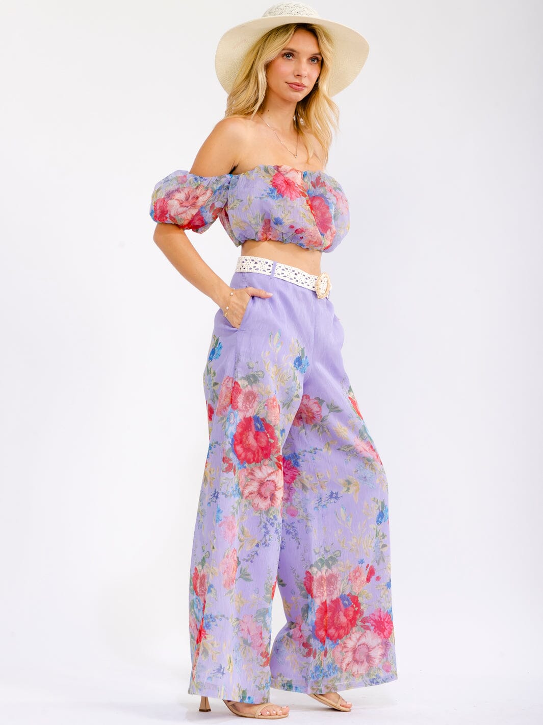 WOMEN'S OFF SHOULDER CROP TOP & ZIP UP BELTED WIDE LEG PANTS FLORAL 2PC. SET