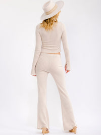 WOMEN'S LONG SLEEVE CROP TOP & ELASTIC WAIST BELL LEG PANTS RIBBED 2PC. SET