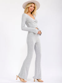 WOMEN'S LONG SLEEVE CROP TOP & ELASTIC WAIST BELL LEG PANTS RIBBED 2PC. SET