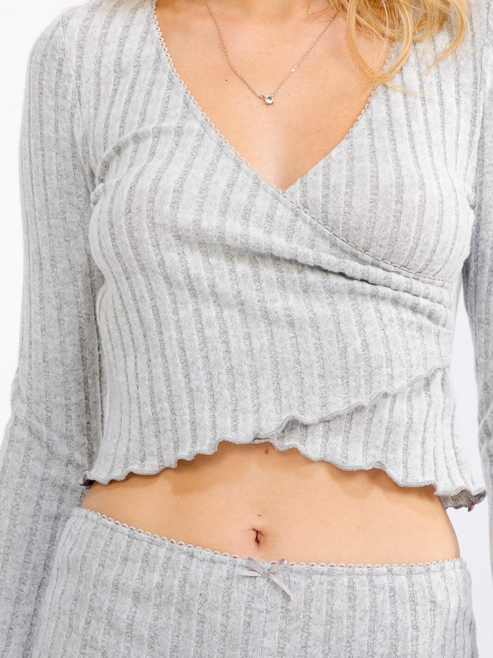 WOMEN'S LONG SLEEVE CROP TOP & ELASTIC WAIST BELL LEG PANTS RIBBED 2PC. SET