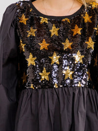 WOMEN'S LONG SLEEVE FRONT POCKETS SEQUINS STARS CONTRAST MINI DRESS