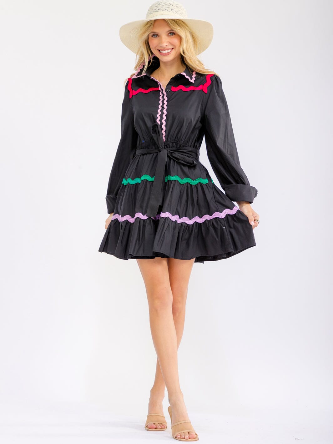 WOMEN'S LONG SLEEVE BUTTON UP TIERED SELF TIE MINI DRESS
