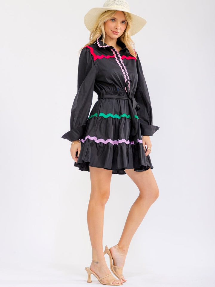 WOMEN'S LONG SLEEVE BUTTON UP TIERED SELF TIE MINI DRESS