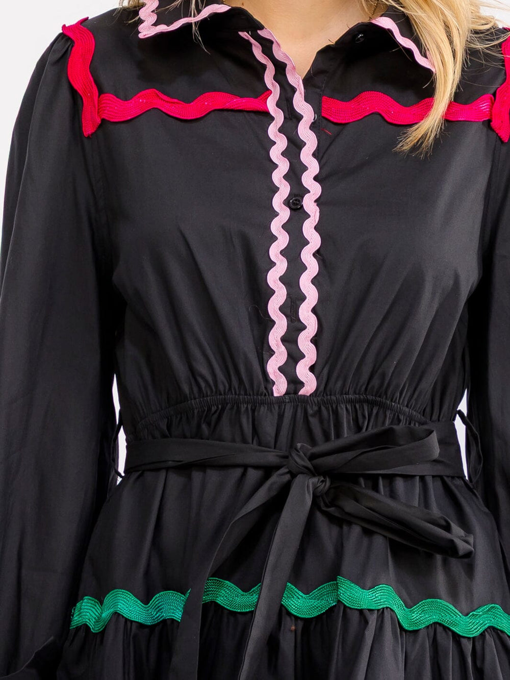 WOMEN'S LONG SLEEVE BUTTON UP TIERED SELF TIE MINI DRESS