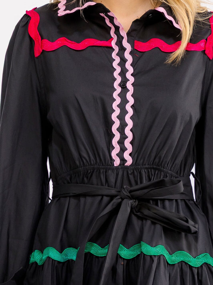 WOMEN'S LONG SLEEVE BUTTON UP TIERED SELF TIE MINI DRESS