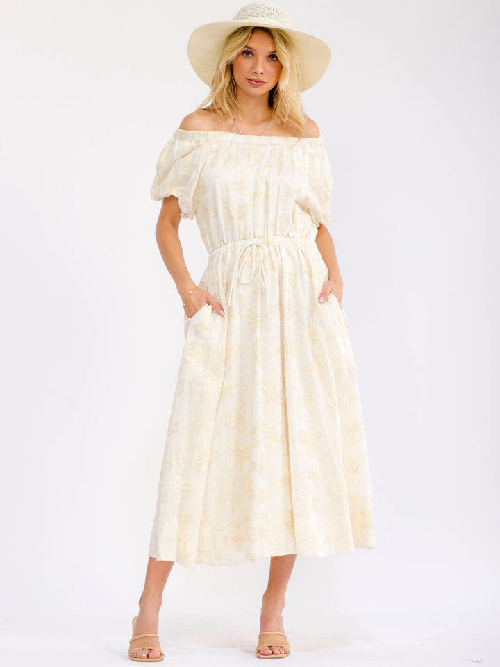 WOMEN'S SHORT SLEEVE OFF SHOULDER FRONT POCKETS STITCHED DEATILED MAXI DRESS